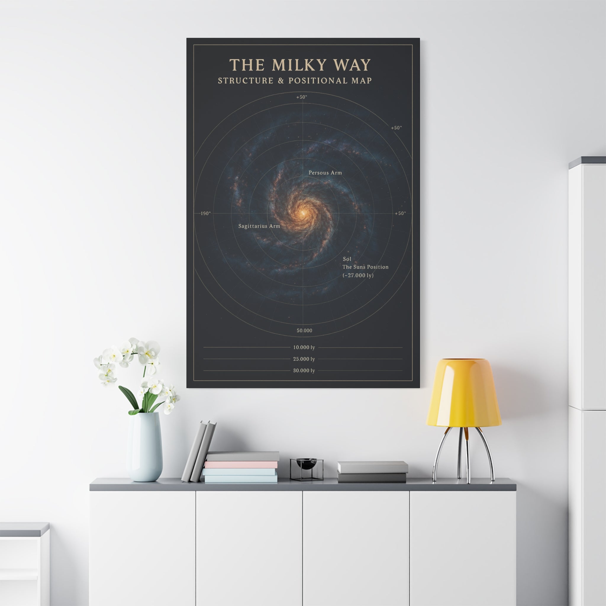 Poster of the Milky Way galaxy on a wall above a white cabinet with a yellow lamp.
