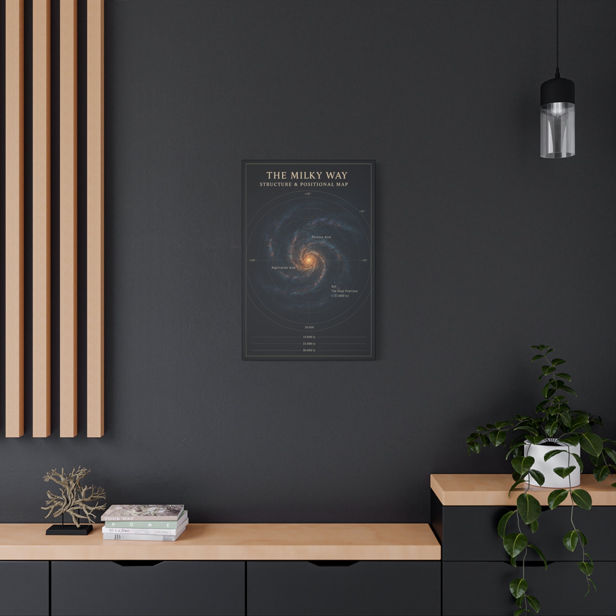 Poster of the Milky Way galaxy on a dark wall with wooden shelves and decor.