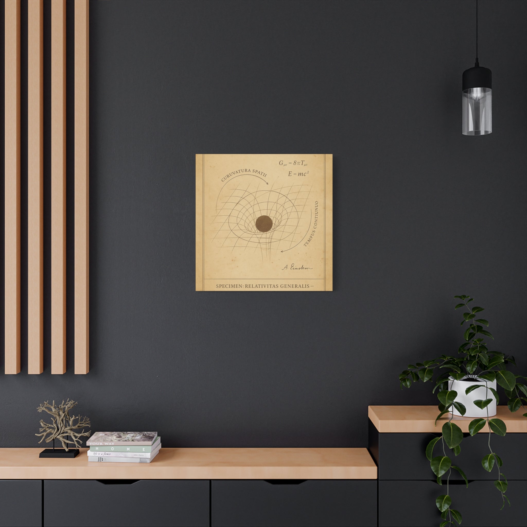 Wooden poster on a dark wall with a modern interior design.