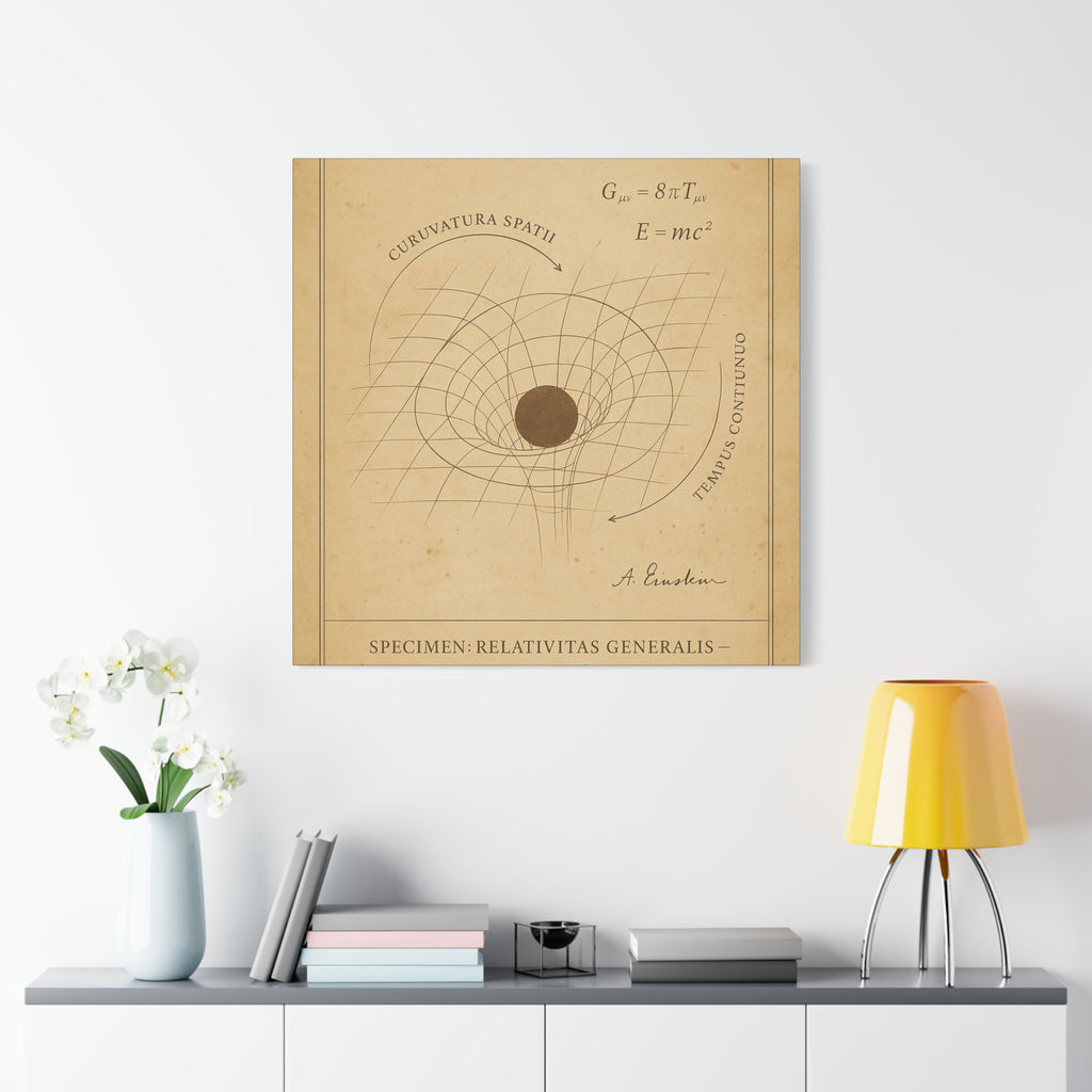 Decorative wall art with scientific design on a beige background, displayed in a room with a lamp and books.